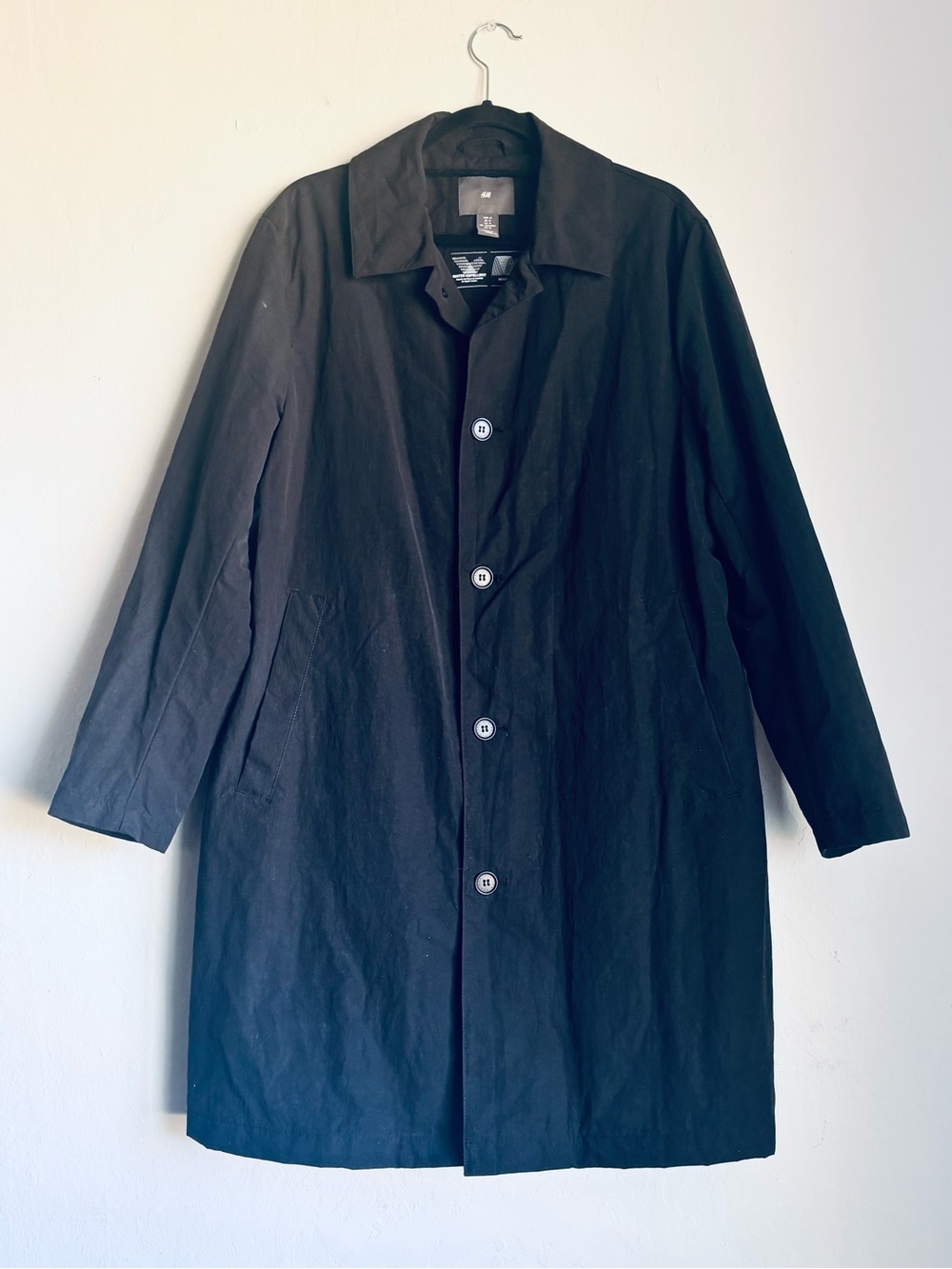 H&M Black Men's Single-Breasted Trench Coat Water Repellent Windproof, M
